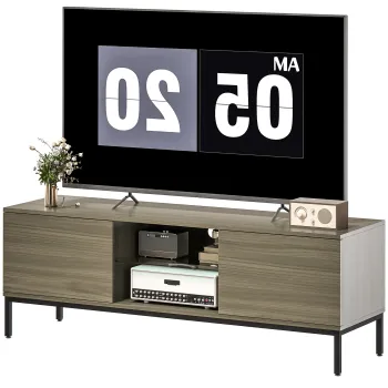 HOMCOM Meuble TV meuble tele pentru televizoare de pana la 60 de inch cu 2 usi si raft din sticla ajustabil 140x40x49,5cm gri | Aosom Romania imagine