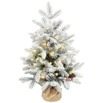 HOMCOM Mini brad de Craciun 60 cm cu 35 LED-uri, efect de zapada, mini pom de masa cu conuri, brad artificial pentru decoratiuni, alb | Aosom Romania imagine