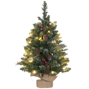 HOMCOM Mini brad de Craciun 60 cm cu lumini integrate, 86 ramuri, conuri de pin, bobite rosii, baza din ciment, verde | Aosom Romania imagine