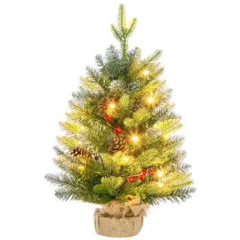 HOMCOM Mini Brad de Craciun 60 cm cu lumini LED, 141 ramuri, conuri de pin, bobite rosii, baza din ciment, verde | Aosom Romania imagine
