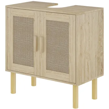 HOMCOM Mobila baie sub chiuveta mobilier sub chiuveta usi din rachita picioare din lemn de pin 2 nivele 60 x 30 x 60 cm stejar | Aosom Romania imagine