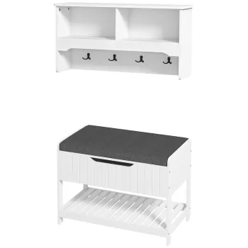 HOMCOM Mobila Cuier de Perete cu Banca Suport pentru Pantofi Dotata cu Cuburi de Perete, 4 Carlige si Raft Retractabil, 80x20x40 cm, Alb imagine