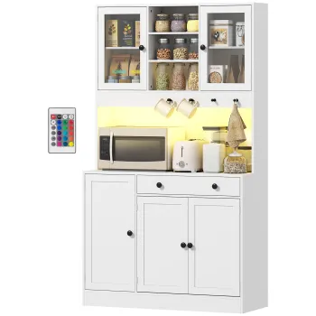 HOMCOM Mobila de depozitare cu iluminare LED, dulapuri si sertar, usi din sticla, telecomanda inclusa, alb | Aosom Romania imagine