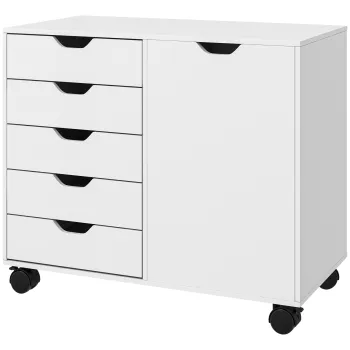 HOMCOM Mobila de depozitare pentru birou 5 sertare 1 usa raft ajustabil, suport imprimanta cu rotile, 78x40x66,5 cm, alb | Aosom Romania imagine