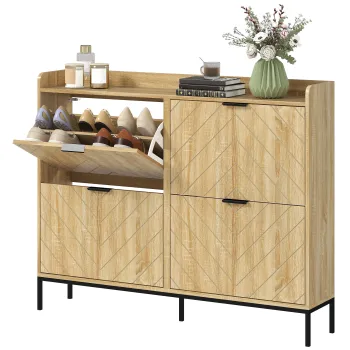 HOMCOM Mobila de pantofi 16 perechi cu 4 sertare, usi rabatabile, rafturi reglabile, 110 x 23,5 x 95,5 cm, stejar | Aosom Romania imagine