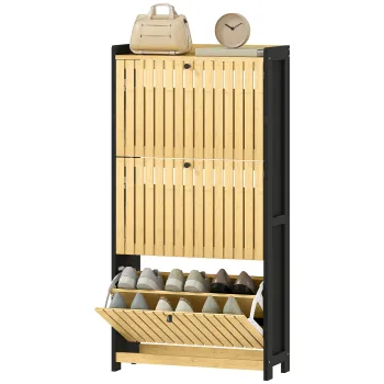 HOMCOM Mobila pentru pantofi 18 perechi cu 3 sertare rabatabile, usi din bambus cu lamele, 60x24x118cm, negru si lemn natural | Aosom Romania imagine