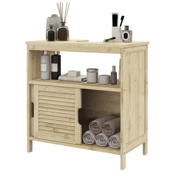HOMCOM Mobila sub lavabo din Bambus, Mobila de Depozitare pentru Baie cu 2 Usi, 60 x 30 x 60 cm, Lemn Natural | Aosom Romania imagine
