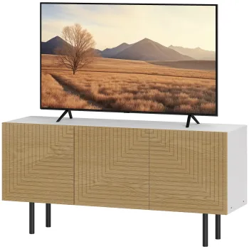 HOMCOM Mobila TV pentru de pana la 65 de inch cu dulapuri cu usa canelata si trecere cabluri pentru sufragerie, dormitor, efect lemn natural | Aosom Romania imagine