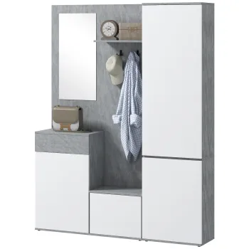 HOMCOM Mobilier 4 in 1 cu Oglinda, Cuiere si Rafturi Interioare Reglabile, Mobilier Multifunctional, 145x29x184 cm, Gri | Aosom Romania imagine