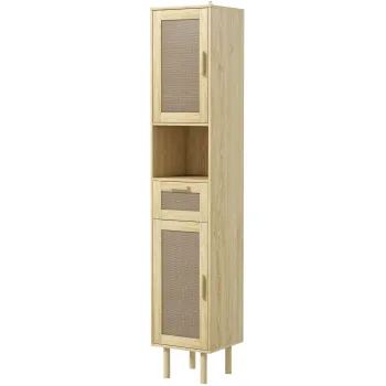 HOMCOM Mobilier baie coloana de depozitare pentru baie cu usi din ratan sertar 2 dulapuri 32 x 30 x 170 cm stejar | Aosom Romania imagine