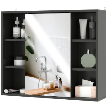HOMCOM Mobilier baie cu oglinda, dulap cu usi si 6 compartimente deschise, 60 x 14,5 x 49,4 cm, negru | Aosom Romania imagine