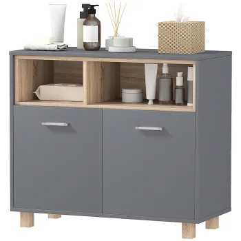 HOMCOM Mobilier de Baie cu Rafturi Deschise si Dulapior cu 2 Usi, Dulap de Baie Spatios cu Manere, 80x35x70 cm, Gri | Aosom Romania imagine