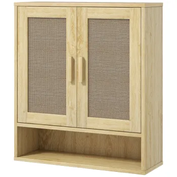 HOMCOM Mobilier de baie de perete dulap wc suspendat cu usi duble si raft deschis 59 x 20 x 66,5 cm efect lemn de stejar | Aosom Romania imagine