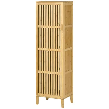 HOMCOM Mobilier de depozitare din bambus cu rafturi si usa cu design cu lamele pentru baie, dormitor, salon 40 x 30 x 140 cm | Aosom Romania imagine