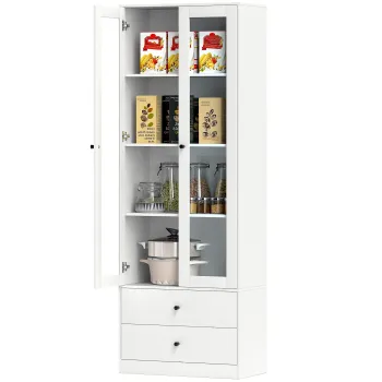 HOMCOM Mobilier de depozitare modern cu dulap cu usi din sticla, rafturi reglabile si 2 sertare, 59 x 30 x 164 cm, alb | Aosom Romania imagine