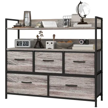 HOMCOM Mobilier de depozitare stil industrial comoda 5 sertare din material textil pliabile si detasabile si rafturi - 98l x 29P x 85H cm | Aosom Romania imagine