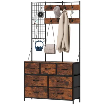 HOMCOM Mobilier de intrare 4 in 1, portmanteau, vestiar cu 7 sertare din material textil si 14 cuiere, 100 x 30 x 183 cm, brun rustic | Aosom Romania imagine