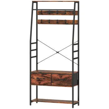 HOMCOM Mobilier de intrare 6 in 1 cuier bara pentru haine raft 2 sertare 10 carlige 80 x 30 x 180 cm maro rustic | Aosom Romania imagine