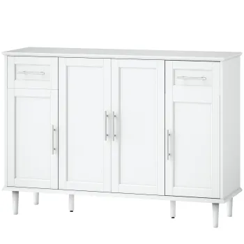 HOMCOM Mobilier de Sufragerie, Credenta cu 2 Sertare si 3 Dulapuri cu Rafturi Reglabile, Comoda cu Picioare din Pin pentru Sala de Mese si Bucatarie, 120x38x86 cm, Alb | Aosom Romania imagine