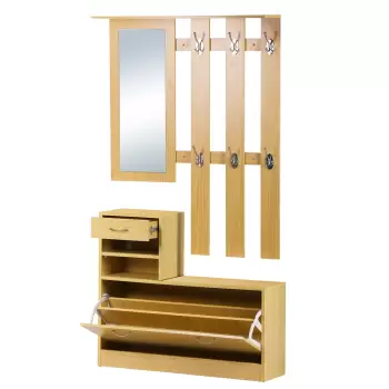 Homcom Mobilier Garderoba Dulap Pantofi Reglabil cu Oglinda si Cuier 6 carlige pentru Hol si Dormitor 90x22x116cm Lemn imagine