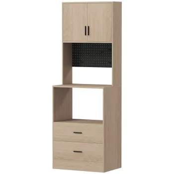 HOMCOM Mobilier pentru cuptor cu microunde, bufet, 2 sertare, 2 usi, blat de lucru, polita reglabila, panou perforat, 4 carlige, lemn natural | Aosom Romania imagine