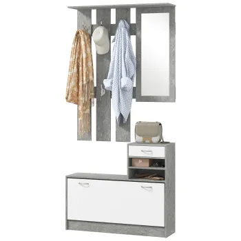 HOMCOM Mobilier pentru Hol cu Raft pentru Incaltaminte, Oglinda, 6 Carlige, 2 Rafturi si Sertare, 90x24x177 cm, Gri | Aosom Romania imagine