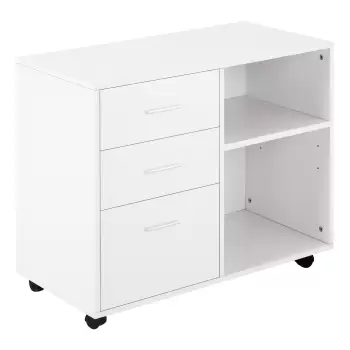 HOMCOM Mobilier pentru Imprimanta cu 3 Sertare din Lemn, Mobilier Birou Multifunctional cu 4 Roti si Rafturi Deschise, 80x40x65cm, Alb imagine