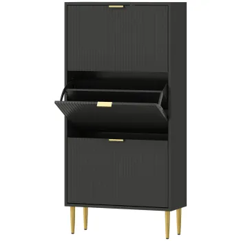 HOMCOM Mobilier pentru pantofi 18 perechi cu 3 sertare rabatabile, usi canelate si rafturi reglabile, 60x24x122,5cm, negru | Aosom Romania imagine