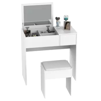 HOMCOM Mobilier Toaleta cu Oglinda Taburet si Sertar Masa Consola Alb imagine