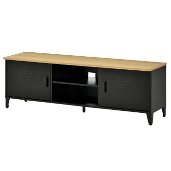 HOMCOM Mobilier TV Banc TV pentru televizoare de 55'' cu 2 Dulapuri Picioare Reglabile Cadru metalic negru Tablou din lemn natural 150 x 40 x 50 cm | Aosom Romania imagine