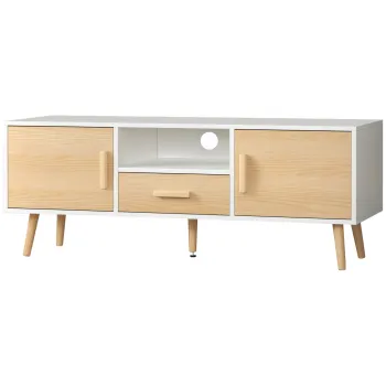 HOMCOM Mobilier TV banc TV suport TV pentru televizoare pana la 46 de inch de stil scandinav cu 1 sertar, 2 dulapuri, 1 nisa, 1 pasacabluri - 120 x 37 x 45,5 cm | Aosom Romania imagine