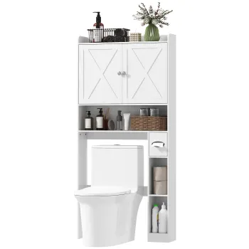 HOMCOM Mobilier WC deasupra toaletei cu dulap usi in forma de X, raft reglabil, compartimente si suport de hartie, alb | Aosom Romania imagine