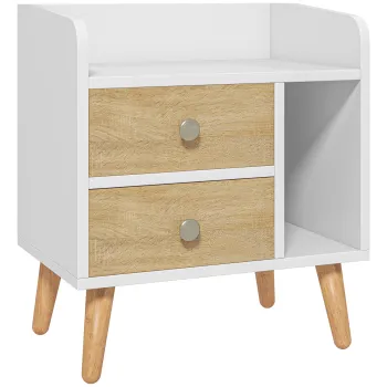HOMCOM Noptiera cu 2 sertare mari, 1 raft deschis si picioare inalte din pin, design nordic, 43x30x49 cm | Aosom Romania imagine