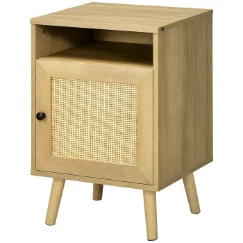 HOMCOM Noptiera cu Usa de Ratan Masa Auxiliara pentru Dormitor Sufragerie Pat 39x35x60 cm Lemn Natural | Aosom Romania imagine