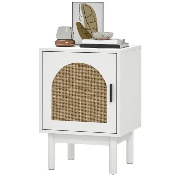 HOMCOM Noptiera cu Usa din Rachita Raft Reglabil si Picioare din Lemn Stil Bohem 40x35x58 cm Alb | Aosom Romania imagine