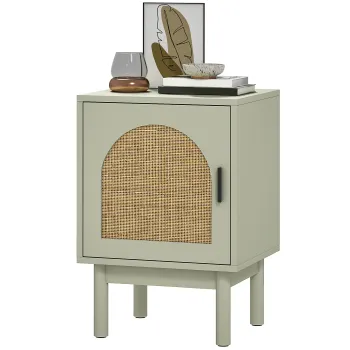 HOMCOM Noptiera cu Usa din Ratan Raft Ajustabil si Picioruse de Lemn Stil Bohem 40x35x58 cm Verde Deschis | Aosom Romania imagine