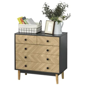 HOMCOM Noptiera din Lemn Moderna cu 5 Sertare, Picioare Ridicate din Pin, Gri Inchis, 80x40x80cm imagine