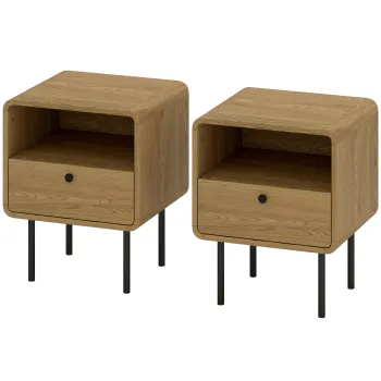 HOMCOM Noptiera ingusta masuta cu compartiment deschis si 1 sertar picioare din otel 40 x 36 x 50 cm, efect lemn stejar | Aosom Romania imagine