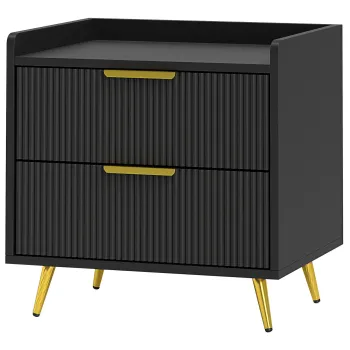 HOMCOM Noptiera, masa de noapte cu 2 sertare canelate, picioare metalice aurii, 50 x 40 x 50 cm, negru | Aosom Romania imagine