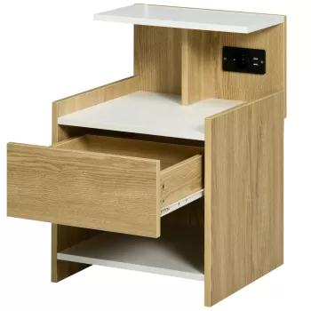 HOMCOM Noptiera moderna cu 2 Prize si iesiri USB si Sertar din PAL, 40x40x60cm, Culoare Lemn natur | Aosom RO imagine