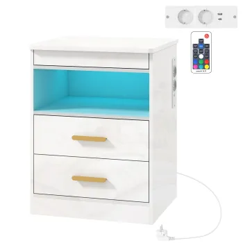 HOMCOM Noptiera moderna, masa laterala cu statie de incarcare si iluminare LED RGB, alb lucios | Aosom Romania imagine