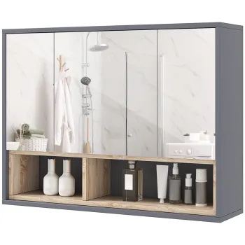 HOMCOM Oglinda de Baie cu 3 Usi si Dulap, Oglinda de Baie cu Compartiment de Depozitare, 80x20x60 cm, Gri | Aosom Romania imagine