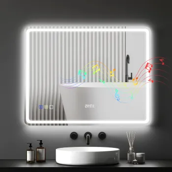 HOMCOM Oglinda de Baie cu Iluminare LED, Pad Anti-In Ceata, 3 culori reglabile, Ceas, 700 x 900 mm, Argintiu | Aosom Romania imagine