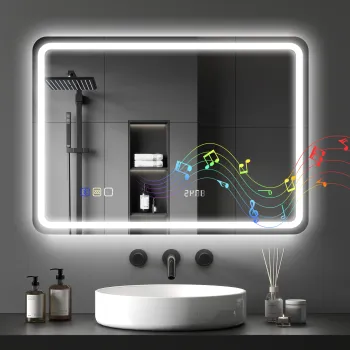 HOMCOM Oglinda de Baie cu LED 70x50 cm cu Bluetooth 3 Culori de Lumina Ceas Digital Functie Antighear Functie de Memorie | Aosom Romania imagine