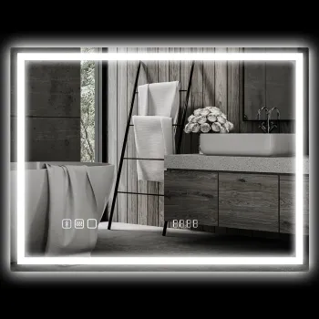 HOMCOM Oglinda de baie cu LED, Pad antiaburire, 3 culori reglabile, ceas, 600 x 800 mm, Argintiu | Aosom Romania imagine