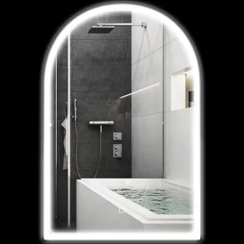 HOMCOM Oglinda de baie cu LED-uri 90 x 60 cm, montata pe perete, 3 culori, arcuita cu cadru din aluminiu, functie anti-intunecare si comutator tactil | Aosom Romania imagine