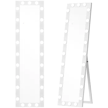 HOMCOM Oglinda de corp intreg 150x40 cm, oglinda LED cu 24 de becuri, 3 nuante de lumina, independenta, sprijinita sau pentru montare pe perete, Alb | Aosom Romania imagine