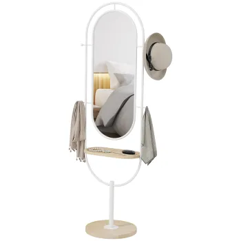 HOMCOM Oglinda de Corp Intreg 175,5x50 cm cu Tava din Lemn 4 Carlige si Rama de Metal pentru Salon Dormitor Alb | Aosom Romania imagine