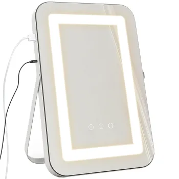 HOMCOM Oglinda de Machiaj LED cu Lumini Reglabile pe 3 Culori, USB si Oglinda de Marire Rotativa, 31x41,5x3 cm, Alb | Aosom Romania imagine