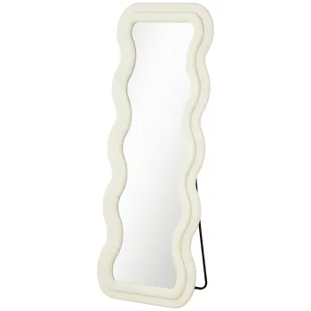 HOMCOM Oglinda de Podea Autoportanta cu Rama Ondulata din Catifea, 160x60 cm, Sticla Securizata, Crem | Aosom Romania imagine
